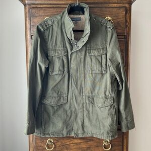 Men’s Vintage-Inspired Olive Military Field Jacket with Sherpa Lining, Size L